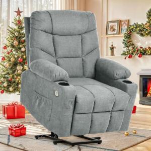 imageYITAHOME Electric Power Lift Recliner Chair for Elderly Fabric Recliner Chair with Massage and Heat Spacious Seat USB Ports Cup Holders Side Pockets Remote Control BrownGrey