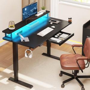 imageYITAHOME Electric Standing Desk with Drawer 55quot Standing Desk Adjustable Height Sit Stand Up Desk with Power Outlets ampamp LED Lights Home Office Desk with Memory Preset Black