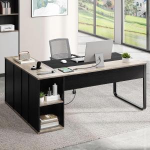 imageYITAHOME Executive Desk with Power Outlets 71quot L Shaped Desk with File Cabinet Executive Desk with Drawers ampamp Storage Shelves Corner Office Desk with Bookshelf for Home Office Grey ampamp BlackGrey  Black