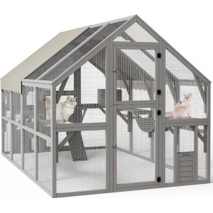 imageYITAHOME Extra Large Catio Outdoor Cat Enclosure 110 Inch Outside Cattery with Weatherproof Roof Scratcher Ramp Cat Space Capsule Bed 2 Bridges 2 Resting Houses 7 SolutionsGrey