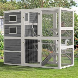 imageYITAHOME Extra Large Catio Outdoor Cat Enclosure 110 Inch Outside Cattery with Weatherproof Roof Scratcher Ramp Cat Space Capsule Bed 2 Bridges 2 Resting Houses 7 SolutionsGrey and White