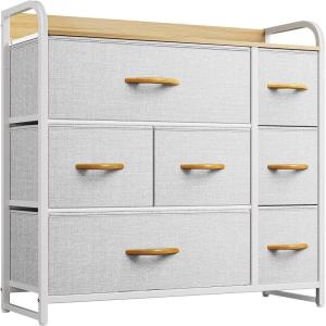 imageYITAHOME Fabric Dresser with 7 Drawers  Storage Tower with Large Capacity Organizer Unit for Living Room  Sturdy Steel Frame Easy Pull Fabric Bins ampamp Wooden Top BlackGreyAgrey