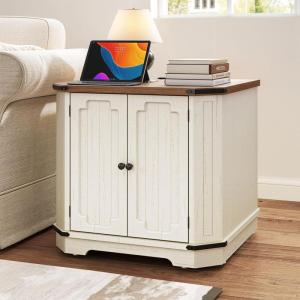 imageYITAHOME Farmhouse 3Drawer Nightstand with Builtin USB Charging Ports  Open Shelf Storage Cabinet  End Table for Sofa ampamp Bed  OffWhite ampamp Walnut Grain Finish2 Doors End Table