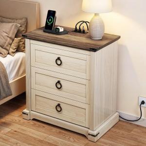 imageYITAHOME Farmhouse 3Drawer Nightstand with Builtin USB Charging Ports  Open Shelf Storage Cabinet  End Table for Sofa ampamp Bed  OffWhite ampamp Walnut Grain Finish3 Drawers End Table