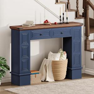 imageYITAHOME Farmhouse Console Table for Entryway with Storage Narrow Long Sofa Table Furniture with Nontip Kit Behind Couch Table for Hallway Living Room ampamp Bedroom Off White ampamp WalnutNavy Blue  Walnut