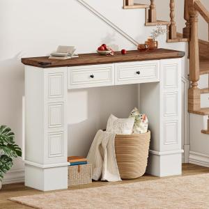 imageYITAHOME Farmhouse Console Table for Entryway with Storage Narrow Long Sofa Table Furniture with Nontip Kit Behind Couch Table for Hallway Living Room ampamp Bedroom Off White ampamp WalnutOff White  Walnut