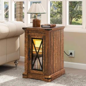 imageYITAHOME Farmhouse End Table Bedside Table with LED Lights Nightstand with Charging Station Adjustable Storage Shelf Sofa Side Coffee Table for Bedroom Living Room Off White Walnut GrainBrown
