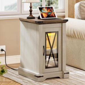 imageYITAHOME Farmhouse End Table Bedside Table with LED Lights Nightstand with Charging Station Adjustable Storage Shelf Sofa Side Coffee Table for Bedroom Living Room Off White Walnut GrainOff White  Walnut Grain