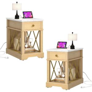 imageYITAHOME Farmhouse End Table Set of 2 Side Table with Power Outlets Nightstand with Drawer and Open Storage Rustic End Table for Living Room Sleeping Room Natural WalnutNatural Walnut