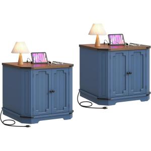 imageYITAHOME Farmhouse End Table with USB Power Outlets ampamp Adjustable Shelf  MultiPurpose Nightstand ampamp Bedside Table for Living Room ampamp Bedroom  Navy Blue2 Set