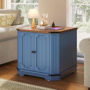 imageYITAHOME Farmhouse End Table with USB Power Outlets ampamp Adjustable Shelf  MultiPurpose Nightstand ampamp Bedside Table for Living Room ampamp Bedroom  Navy Blue1 Set