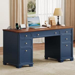 imageYITAHOME Farmhouse Executive Desk with Drawers 59quot Computer Desk with Power Outlets Home Office Desks with File Cabinet ampamp Keyboard Tray Workspace for Work Study Writing Navy Blue ampamp WalnutNavy Blue  Walnut