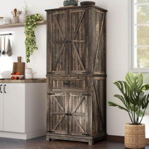 imageYITAHOME Farmhouse Kitchen Pantry Cabinet 645quot Tall Storage Cabinet with 2 Drawers ampamp Adjustable Shelves Ideal for Kitchen Living Room or Entryway Oak BlackDark Rustic Oak