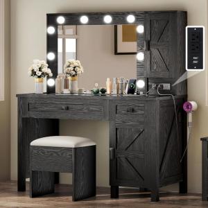 imageYITAHOME Farmhouse Makeup Vanity Desk with Mirror and Lights Retro Big Vanity Table Set with Charging Station Makeup Desk with 2 Drawers ampamp 2 Cabinets 10 Dimmable Light Bulbs for Bedroom Black