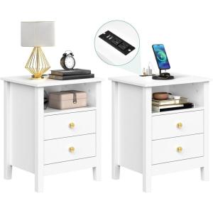 imageYITAHOME Farmhouse Nightstand with Charging Station 2 Drawers Night Stand for Bedroom LED Lights Heavy Duty End Table Side Table wOpen Shelf Retro BrownWhite