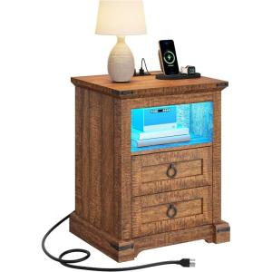 imageYITAHOME Farmhouse Nightstand with Charging Station 2 Drawers Night Stand for Bedroom LED Lights Heavy Duty End Table Side Table wOpen Shelf Retro BrownRetro Brown