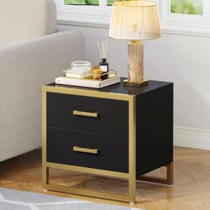 imageYITAHOME Farmhouse Nightstand with Charging Station 2 Drawers Night Stand for Bedroom LED Lights Heavy Duty End Table Side Table wOpen Shelf Retro BrownBlack Gold