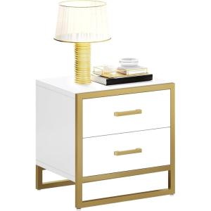 imageYITAHOME Farmhouse Nightstand with Charging Station 2 Drawers Night Stand for Bedroom LED Lights Heavy Duty End Table Side Table wOpen Shelf Retro BrownWhite Gold