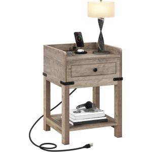 imageYITAHOME Farmhouse Nightstand with Charging Station Night Stands with Drawer for Bedroom Bedside Table with Lip for Small Space End Side Table with USB Ports and Outlets Set of 2 Rustic GreyGrey