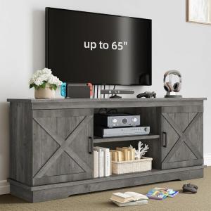 imageYITAHOME Farmhouse TV Stand for 65 Inch TV Mid Century Modern Entertainment Center with Double Barn Doors Rustic TV Media Console TV Cabinet for Living Room Dark OakRustic Grey