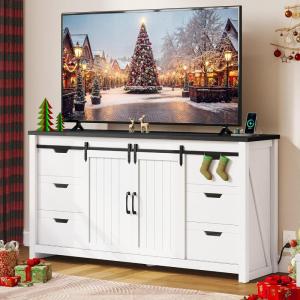 imageYITAHOME Farmhouse TV Stand for 65 Inch Television Stand Entertainment Center with Storage Cabinets and Sliding Barn Doors Rustic Media TV Console Table for Living Room Grey WhiteGrey WashWhite