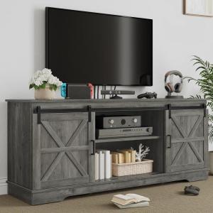 imageYITAHOME Farmhouse TV Stand for 65 Inch Television Stand Entertainment Center with Storage Cabinets and Sliding Barn Doors Rustic Media TV Console Table for Living Room Grey WhiteGrey WashGrey