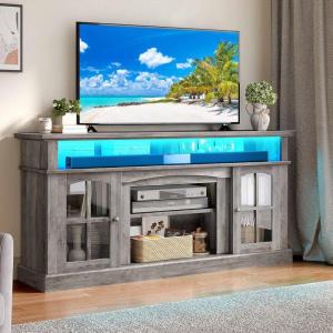 imageYITAHOME Farmhouse TV Stands for 75 Inch TV with Power Outlets Entertainment Center with Sliding Barn Doors and Adjustable Shelves TV Cabinet Media Console Table for Living Room Dark Rustic OakGrey