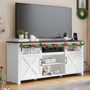 imageYITAHOME Farmhouse TV Stands for 75 Inch TV with Power Outlets Entertainment Center with Sliding Barn Doors and Adjustable Shelves TV Cabinet Media Console Table for Living Room Dark Rustic OakWhiteBlack