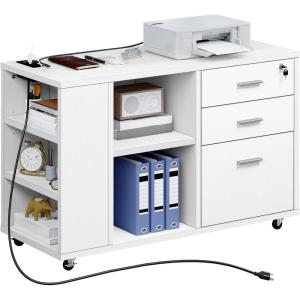 imageYITAHOME File Cabinet with Charging Station Mobile Lateral Filing Cabinet with Lock for Home Office Printer Stand with Open Storage Shelf Fits A4 Letter Legal Size Files Office Furniture BlackWhite