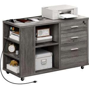 imageYITAHOME File Cabinet with Charging Station Mobile Lateral Filing Cabinet with Lock for Home Office Printer Stand with Open Storage Shelf Fits A4 Letter Legal Size Files Office Furniture BlackGrey