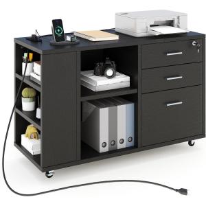 imageYITAHOME File Cabinet with Charging Station Mobile Lateral Filing Cabinet with Lock for Home Office Printer Stand with Open Storage Shelf Fits A4 Letter Legal Size Files Office Furniture BlackBlack