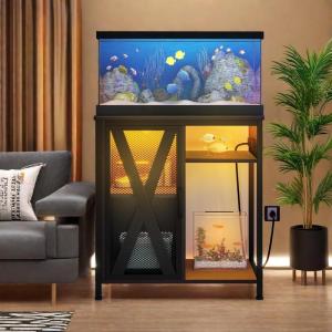 imageYITAHOME Fish Tank Stand with Power Outlets ampamp LED Light 2029 Gallon Metal Aquarium Stand with Cabinet for Fish Tank Accessories Storage for Turtle Tank Reptile Terrarium 350LBS Capacity GreyBlack