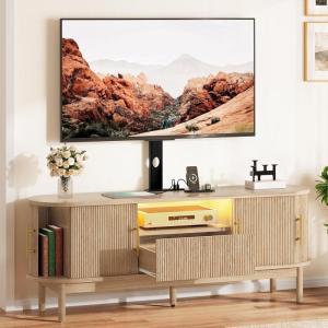 imageYITAHOME Fluted TV Stands for Living Room with Mount Modern Entertainment Center for 3270 inch TVs LED Curved TV Stand with PowerOutlets ampamp LED Light Curved Profile Design Natural OakNatural Oak