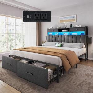 imageYITAHOME Full Size Bed Frame with 2 Storage Drawers and Charging Station Upholstered Bed with Storage Headboard and LED Light Heavy Duty Metal Support No Box Spring Needed Noise Free BlackGrey