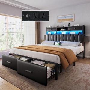 imageYITAHOME Full Size Bed Frame with 2 Storage Drawers and Charging Station Upholstered Bed with Storage Headboard and LED Light Heavy Duty Metal Support No Box Spring Needed Noise Free BlackBlack