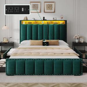 imageYITAHOME Full Size Bed Frame with 4 Storage Drawers and RGB LED Lights Velvet Upholstered Platform Bed with Charging Station and Bookcase Storage Headboard No Box Spring Needed Easy Assembly GreyGreen