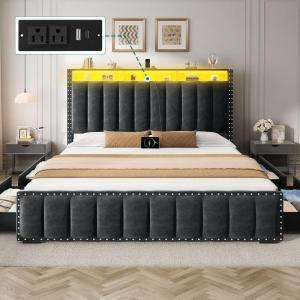 imageYITAHOME Full Size Bed Frame with 4 Storage Drawers and RGB LED Lights Velvet Upholstered Platform Bed with Charging Station and Bookcase Storage Headboard No Box Spring Needed Easy Assembly GreyGrey
