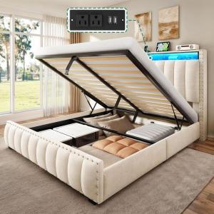 imageYITAHOME Full Size Bed Frame with 4 Storage Drawers and RGB LED Lights Velvet Upholstered Platform Bed with Charging Station and Bookcase Storage Headboard No Box Spring Needed Easy Assembly GreyBeige