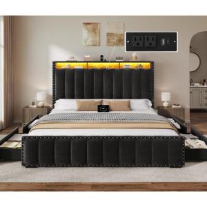 imageYITAHOME Full Size Bed Frame with 4 Storage Drawers and RGB LED Lights Velvet Upholstered Platform Bed with Charging Station and Bookcase Storage Headboard No Box Spring Needed Easy Assembly GreyBlack