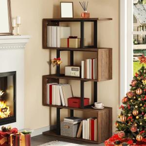 imageYITAHOME Geometric Bookshelf 5Tier Bookshelf SShaped Bookshelves Modern Geometric Bookcase Freestanding Multifunctional Storage Shelving for Living Room Home Office BlackRetro Brown