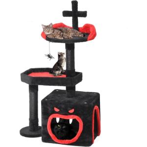 imageYITAHOME Gothic Cat Tree with Coffin Bed 63quot Tall Cat Tower for Indoor Cats with Top Perch Spacious Cat Condos Spider Hanging BallsComfy Hammock Scratching Post and Ladder Black Halloween385 in