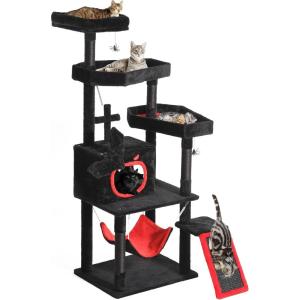 imageYITAHOME Gothic Cat Tree with Coffin Bed 63quot Tall Cat Tower for Indoor Cats with Top Perch Spacious Cat Condos Spider Hanging BallsComfy Hammock Scratching Post and Ladder Black Halloween63 in