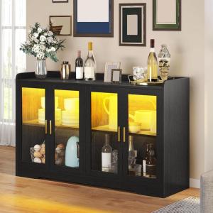 imageYITAHOME Home Bar Cabinet wLED Light 55 Liquor Cabinet with 4 Doors Coffee Bar Cabinet with Adjustable Shelves Wine Cabinet for Kitchen Living Room BlackBlack