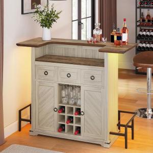 imageYITAHOME Home Bar Unit with LED Lights  Drawer Farmhouse Bar Cabinet with Glasses Holder and Wine Storage Wine Bar Cabinet Set Mini Bar with Footrest for Living Room Off WhiteWalnut GrainOff Whitewalnut Grain