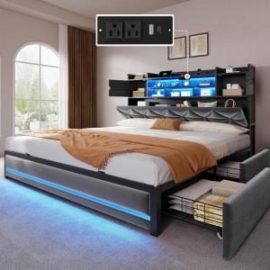 imageYITAHOME King Size Bed Frame with RGB LED Lights ampamp Storage Bookcase Headboard Upholstered Bed with Charging Station and 4 Drawers No Box Spring Needed Easy Assembly NoiseFree PU Leather WhiteVelvet Grey