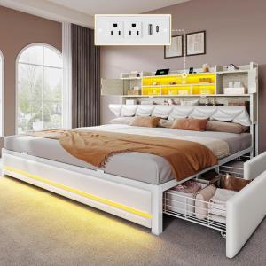 imageYITAHOME King Size Bed Frame with RGB LED Lights ampamp Storage Bookcase Headboard Upholstered Bed with Charging Station and 4 Drawers No Box Spring Needed Easy Assembly NoiseFree PU Leather WhitePu Leather White