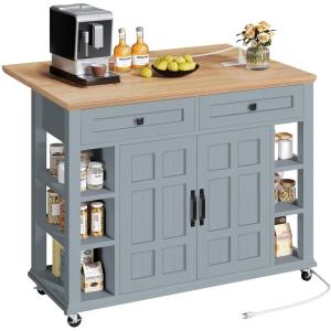 imageYITAHOME Kitchen Island with Drop Leaf Mobile Storage Island with Power Outlet Americana Rolling Kitchen Carts with Storage Shelves and Drawers Island Table on Wheels for Dining Room BeigeGray Blue