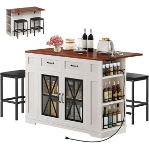 imageYITAHOME Kitchen Island with Seating 47 Inch Mobile Storage Island with Drop Leaf Rolling Islands Table with Power Outlet ampamp Spice Rack 2 Upholstered Stools and Footrest for Dining Room Off WhiteOff White