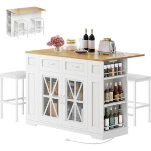 imageYITAHOME Kitchen Island with Seating 47 Inch Mobile Storage Island with Drop Leaf Rolling Islands Table with Power Outlet ampamp Spice Rack 2 Upholstered Stools and Footrest for Dining Room Off WhiteWhite Oak