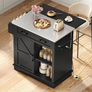 imageYITAHOME Kitchen Island with Stainless Steel Top ampamp Drop Leaf 47 Inch Kitchen Island on Wheels with Power Outlet Rolling Portable Mobile Kitchen Cart w Storage Drawer Cabinet Counter Metal Top WhiteBlack Small